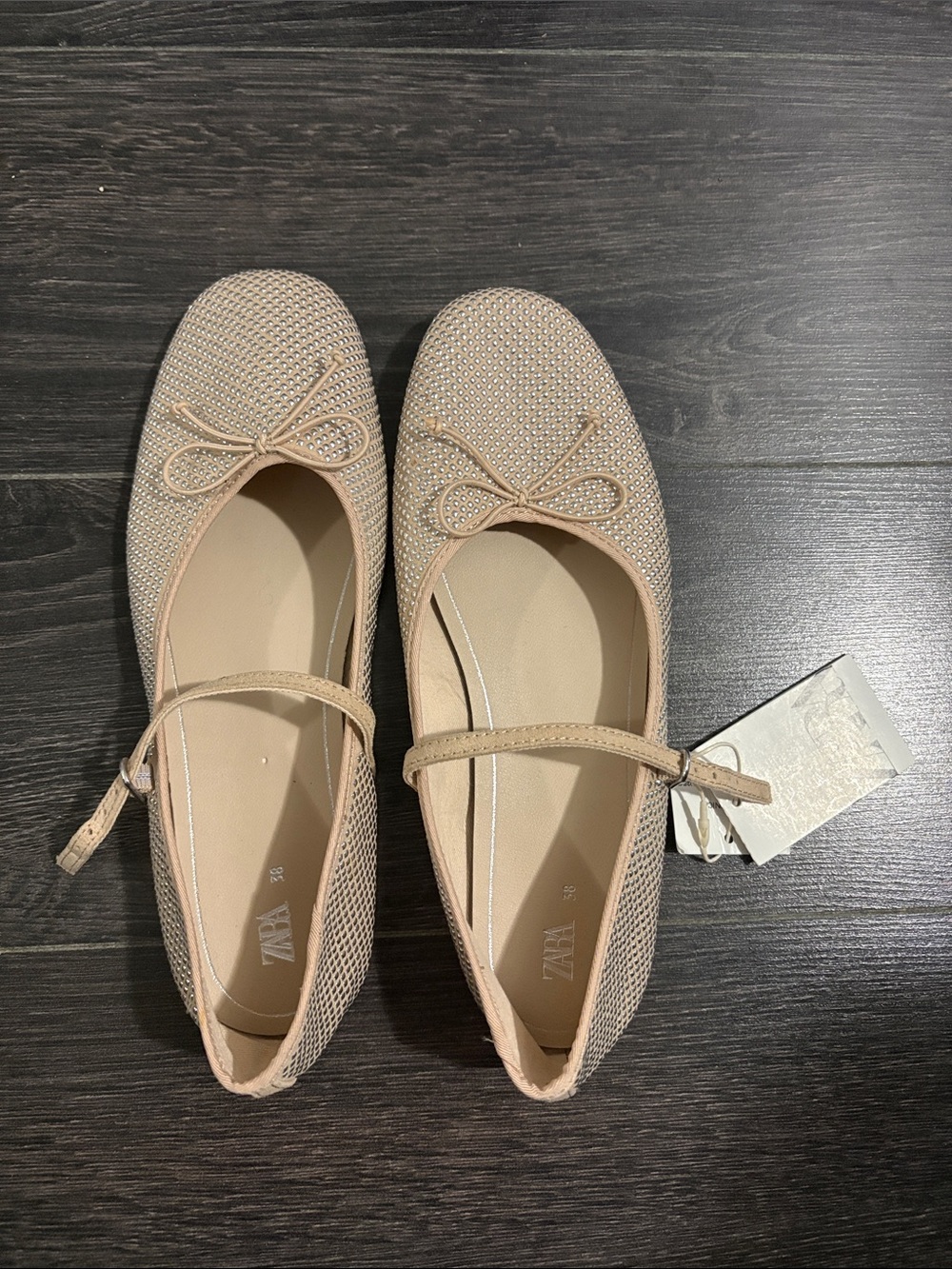 Zara Crystal-Embellished Blush Ballet Flats with Ankle Strap